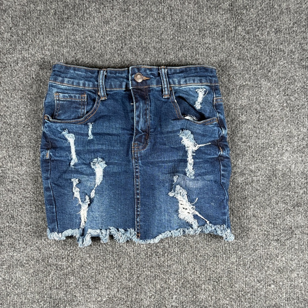 Wax Jean Mini Skirt Womens‎ Small Blue Denim Distressed Frayed Hem Medium Wash
